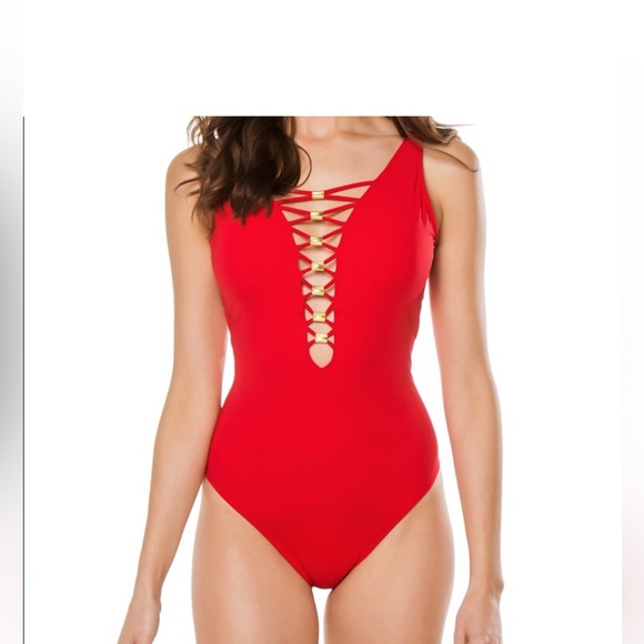 Bleu by Rod Beattie Women’s Walk on the Wild Side Plunge One-Piece Swimsuit in Natural